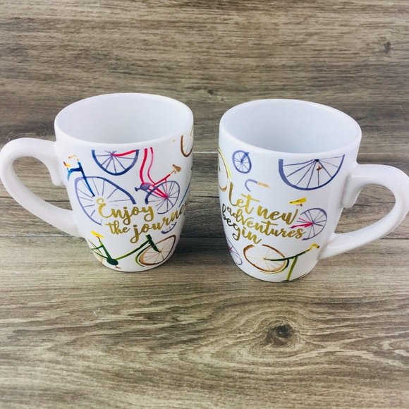 TMD Holdings For The Bicycle Lover Enjoy The Jounery Ceramic White Cup Mug Set 2 - Picture 1 of 10